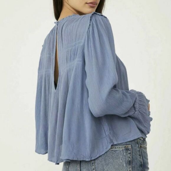Free people Kelsey Peasant Blouse Blue Metal Bell sleeves Cottagecore Fairycore - Picture 3 of 12